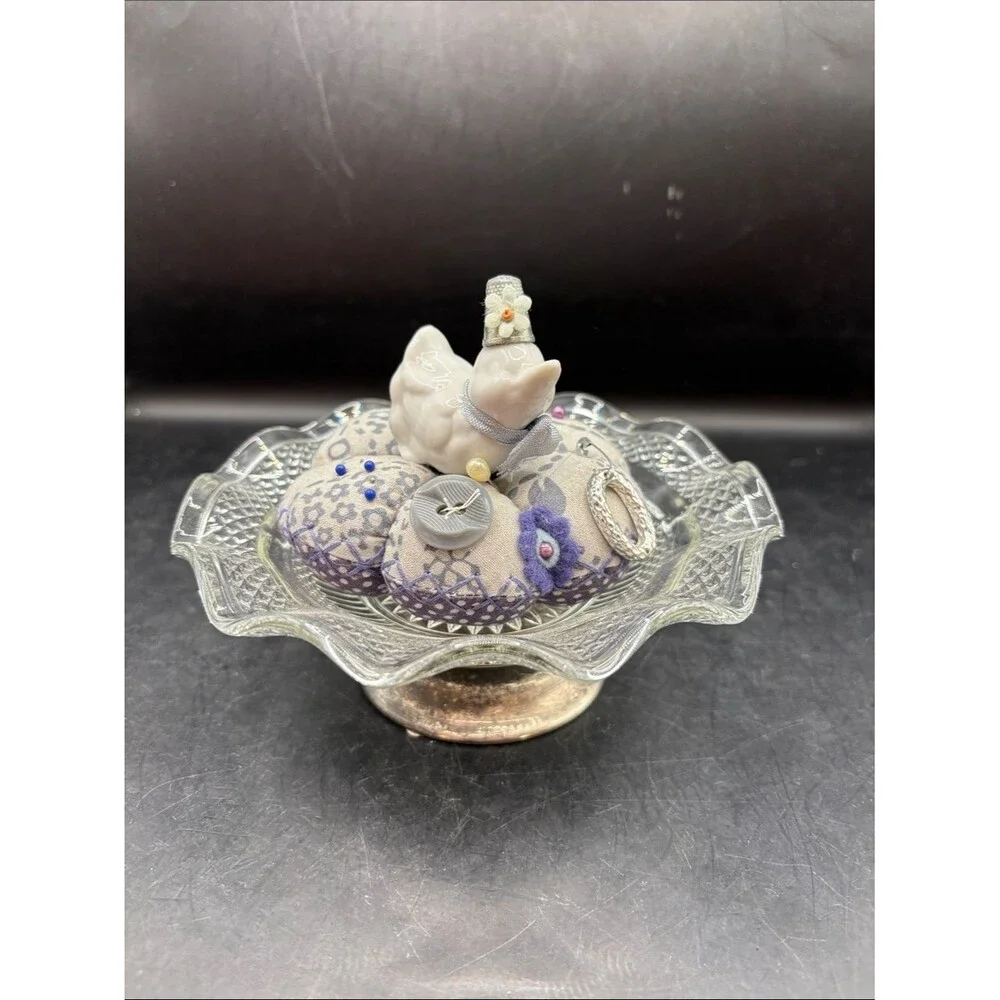 Handcrafted Ceramic Duck Pin Cushion in Lavender and Cream on Glass Dish
